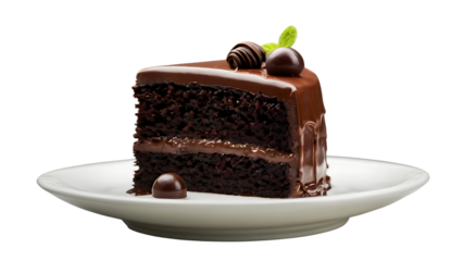 Chocolate cake slice in white plate isolated on transparent background