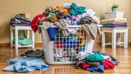 Overwhelmed hamper spills out dirty socks, stained towels, and fermented clothes, surrounded by dusty detergent boxes and forgotten fabric softener sheets in a cluttered room.