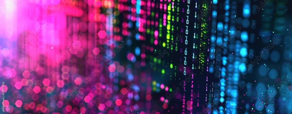 Poster A dynamic digital background with colorful lights and intricate data patterns, creating a stunning visual effect