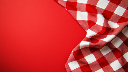 Obraz premium Red and white checkered tablecloth on a red background with copy space, top view. Gingham pattern for a picnic or party decoration