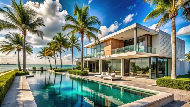 Palm trees sway in front of a modern, ocean-facing mansion with sleek architecture, turquoise pool, and sun-kissed patio in Miami's luxurious coastal neighborhood.