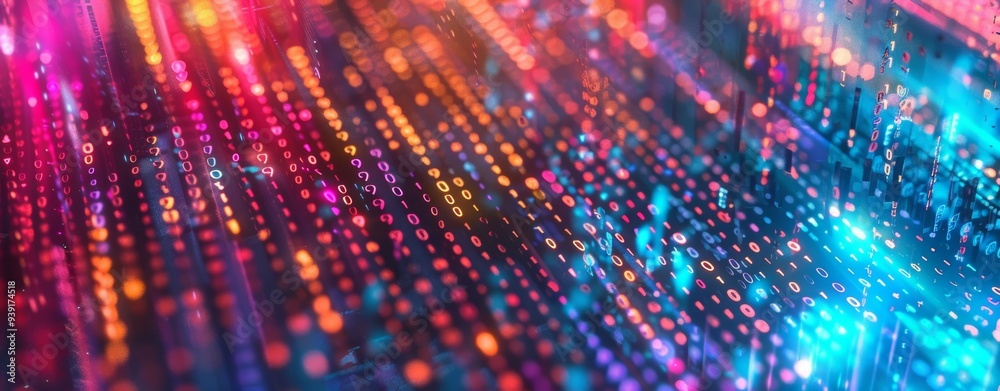 Poster A dynamic digital background with colorful lights and intricate data patterns, creating a stunning visual effect