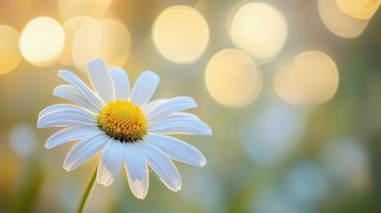 A close-up of a daisy flower with a soft, blurred background of light.