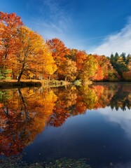 Fototapeta premium 秋の紅葉の鮮やかな色を映し出す鏡のような湖