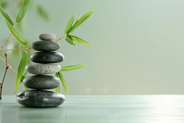 Naklejka premium Stacked stones and bamboo leaves on a light green table top.