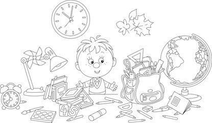 Funny little schoolboy first grader completing his schoolbag with textbooks, exercise books, rules, pencils and pens before start of classes, black and white vector illustration for a coloring book