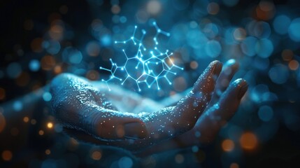 A 3d rendering of molecules abstraction hovering over a man's palm in blue light