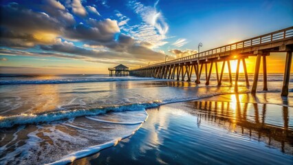 Fototapeta premium Pier stretches into serene blue horizon, waves gently lap against sandy shoreline in Imperial Beach, California, warm sunlight casts long shadows on coastal scenery.