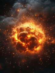 Obraz premium 3D render of a massive fireball explosion with sparks and smoke on a dark background