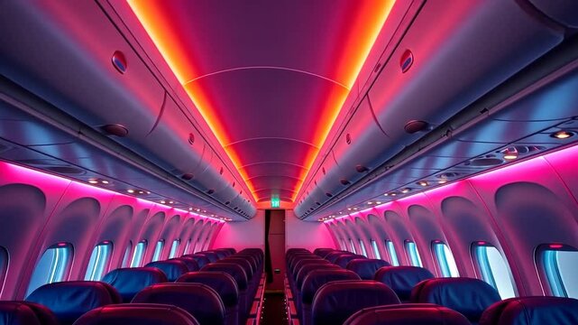Exploring the vibrant interior of a modern airplane cabin with colorful lighting at an airport