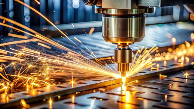 Precise CNC cutting machine slices through metal sheet, sparks flying as it shapes intricate design, highlighting modern manufacturing technology and industrial precision.