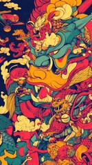 A dynamic illustration showcases mythical creatures engaging in a lively battle, bursting with color, against a backdrop of clouds
