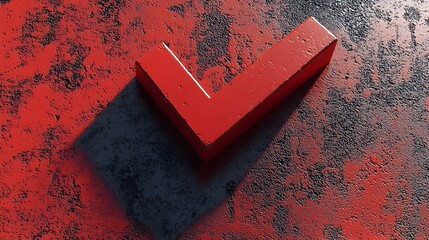 Bold Glossy Red 3D Check Mark Icon with Textured Shadow on Surface