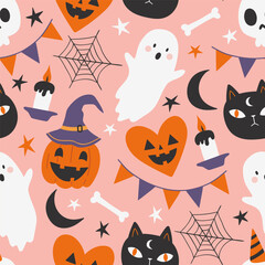 Seamless pattern with Halloween items cats, skulls, candles, flags, cobwebs, bones, pumpkins, hats.  Vector illustration of Halloween party. For fabric, textile, wrapping paper, gift wrapping