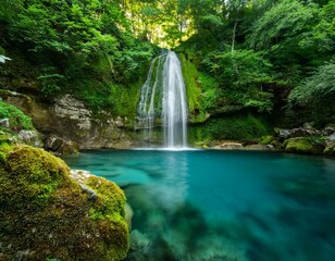 苔むした岩と鮮やかな葉に囲まれた、透明なプールに流れ落ちる美しい滝