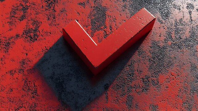Bold Glossy Red 3D Check Mark Icon with Textured Shadow on Surface