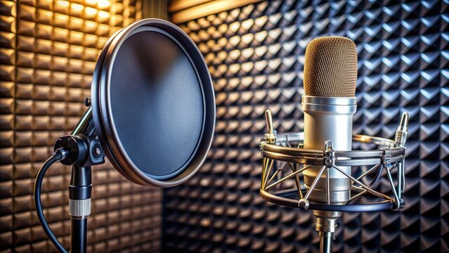 Professional recording studio setup with a dynamic microphone positioned on a boom arm in front of a pop filter, ready for a voiceover session.