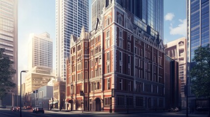 Obraz premium A Corner Building in a Modern City, Bathed in Golden Sunlight