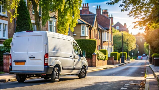Rear window of a white van parked on a quiet British street, with a blurred UK street sign and trees reflected in the glass.