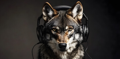Wolf  wearing headphones on his head poster