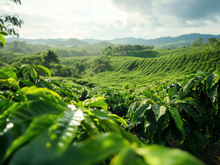 Lush green tea plantation with rolling hills in the background, under a cloudy sky. Serene and natural rural landscape.