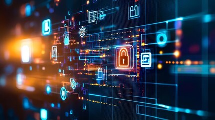 Fototapeta premium An abstract digital representation of a firewall protecting a phones PIN entry, with floating security icons and data shields