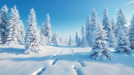 Fototapeta premium Winter forest with snow-covered trees and footprints under a clear blue sky, portraying a serene and cold atmosphere.