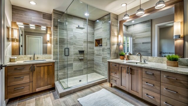 Renovated Bathroom Features Modern Fixtures, Sleek Cabinetry, And A Spacious Walk-In Shower With Glass Doors And Stone Surround.