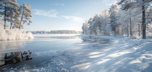 Serene winter landscape with snow-covered trees and a frozen lake under a clear blue sky.