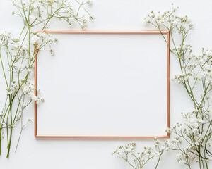 Minimalistic copper frame with delicate white flowers on a soft white background.
