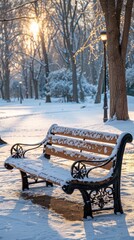 Serene winter park with a snow-covered bench and trees at sunrise, creating a peaceful and tranquil atmosphere.