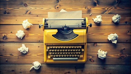 Retro-style yellow vintage typewriter sits on a worn wooden desk surrounded by scattered sheets of...