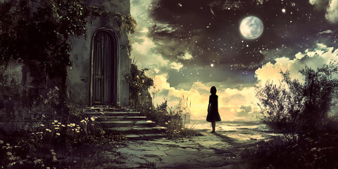 Fototapeta premium Girl Standing Near Old House Under Moonlight 