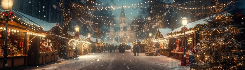 Fototapeta premium Magical Christmas market at night with festive lights, decorated stalls, snow-covered ground, and joyful holiday atmosphere.