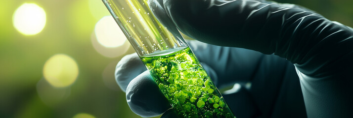 Close-up of a test tube with green liquid in a lab