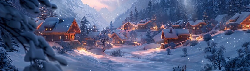 Fototapeta premium Snowy village with cozy cabins in a mountain landscape during winter evening, with warm lights and falling snow.