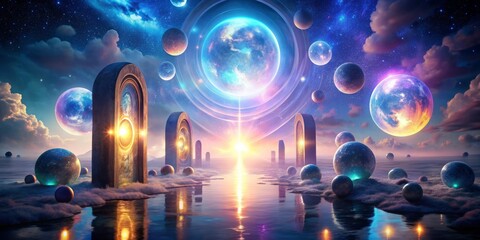 Obraz premium Aetherial Convergence: Mystical, ethereal, energy, glowing orbs, portals