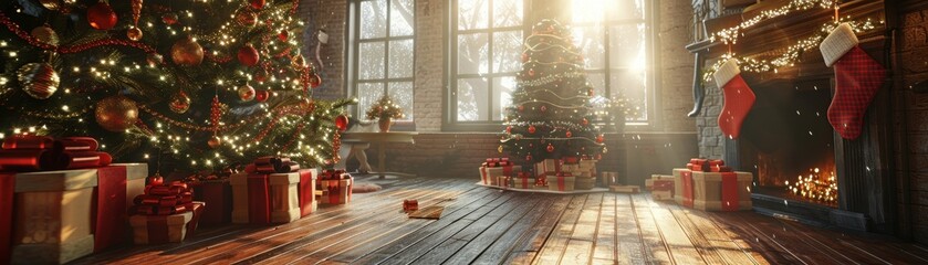 A cozy living room decorated for Christmas with a glowing fireplace, stockings, and beautifully wrapped gifts under the Christmas tree.