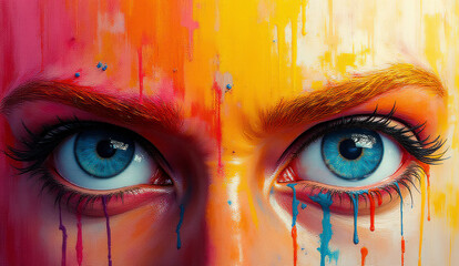 カラフルな絵の具を浴びた女性の顔 クローズアップ 印象的な瞳  Woman's face bathed in colorful paint Close-up Striking eyes