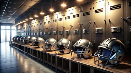 Row of shiny metal lockers adorned with football helmets, jerseys, and pads, illuminated by soft light, evoking a sense of teamwork and athletic camaraderie.