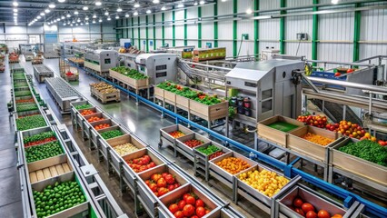 Fototapeta premium Row upon row of stainless steel machines hum with activity in a modern food processing factory, crates of fresh produce awaiting transformation into packaged goods.