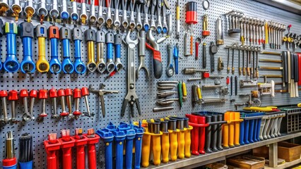 Row of various wrenches, screwdrivers, and pliers hang from pegboard, surrounded by bins of bolts, nuts, and other hardware, in well-organized workshop.