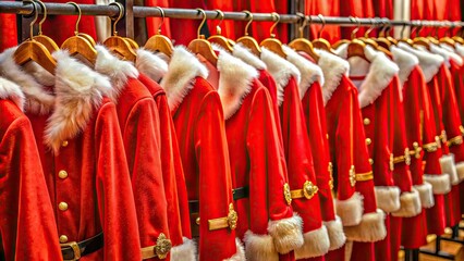 Fototapeta premium Rows of bright red festive costumes with white fur trim, adorned with gold buttons and belts, hang from a wooden rack, awaiting the holiday season.