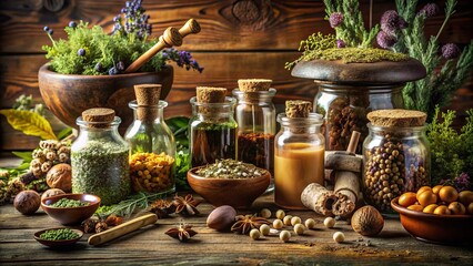 Apothecary's Delight: Medicinal herbs, magical mushrooms, earthy tones, healing, ancient