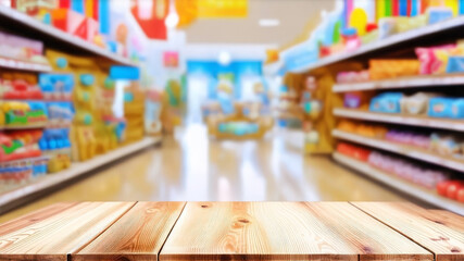 Empty wooden table top with blur background of toy store. Generated with AI