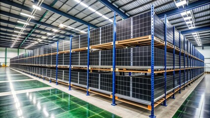Fototapeta premium Rows of sleek, black solar panels stacked on shelves, filling a large, well-organized warehouse, awaiting installation, amidst a backdrop of industrial shelving and concrete flooring.