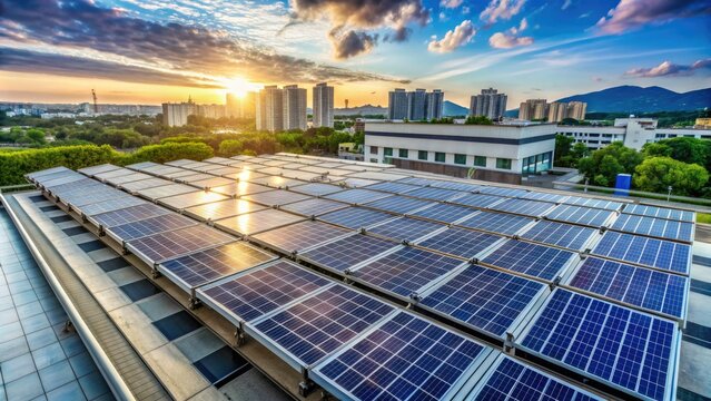 Rows of sleek solar panels installed on a modern rooftop, providing clean energy and reducing carbon footprint with professional installation and maintenance services.