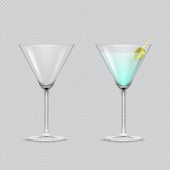 Realistic set of full and empty transparent cocktail glasses isolated on transparent background. Cocktail with wood stick and olive. Vector 3D design elements.