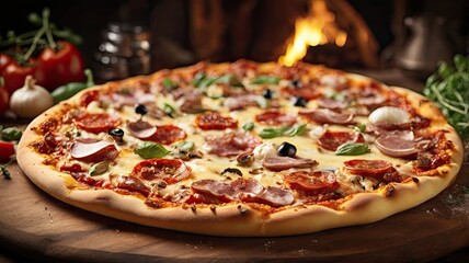 Close-up of a delicious pizza with melted cheese, pepperoni, ham, and basil on a wooden board.