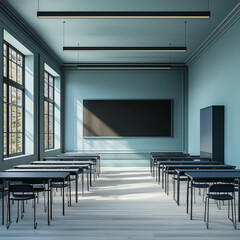 Sunlit empty classroom interior on a transparent background, highlighting wooden desks and large windows.
